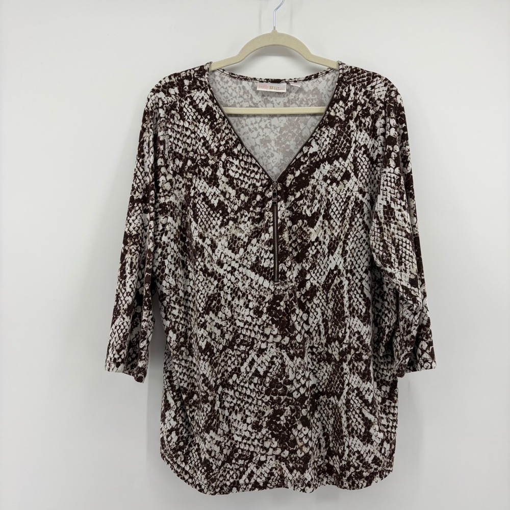 Belle by Kim Gravel Womens XL Brown‎ Snakeskin V-Neck Zip 3/4 Sleeve Tunic Top